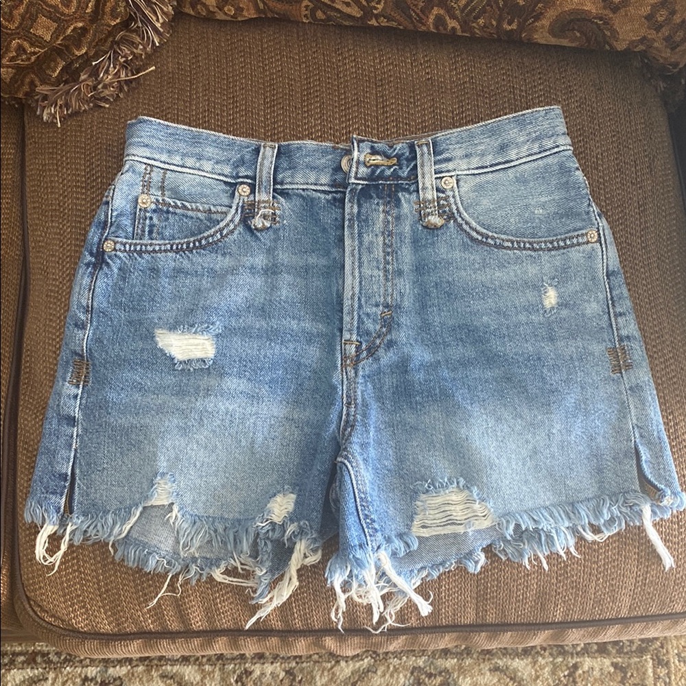 Free People Blue Distressed Jean Shorts